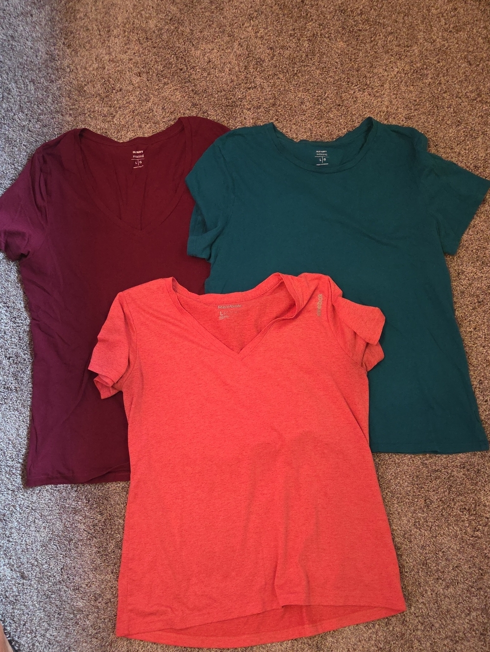 (3) Relaxed Tees - Burgundy, teal and heather red.